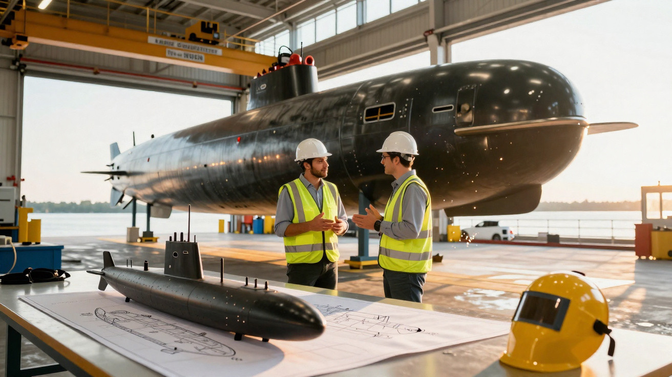 Zwei Ingenieure mit Schutzhelmen vor einem U-Boot und einer U-Boot-Modellzeichnung in einer Werfthalle.