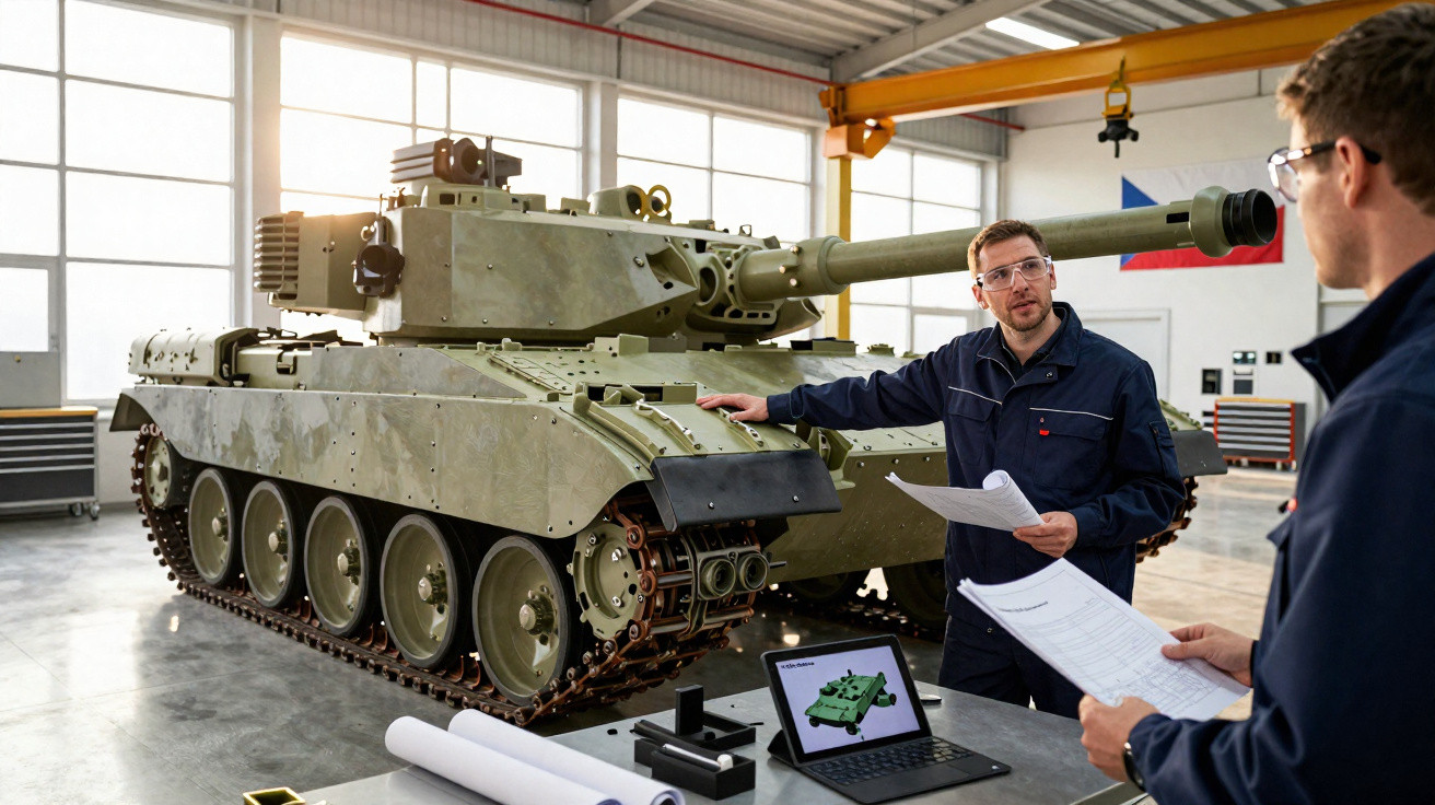 Ingenieure besprechen Panzerentwurf in hellerer Industriehalle mit Laptop und technischen Zeichnungen.