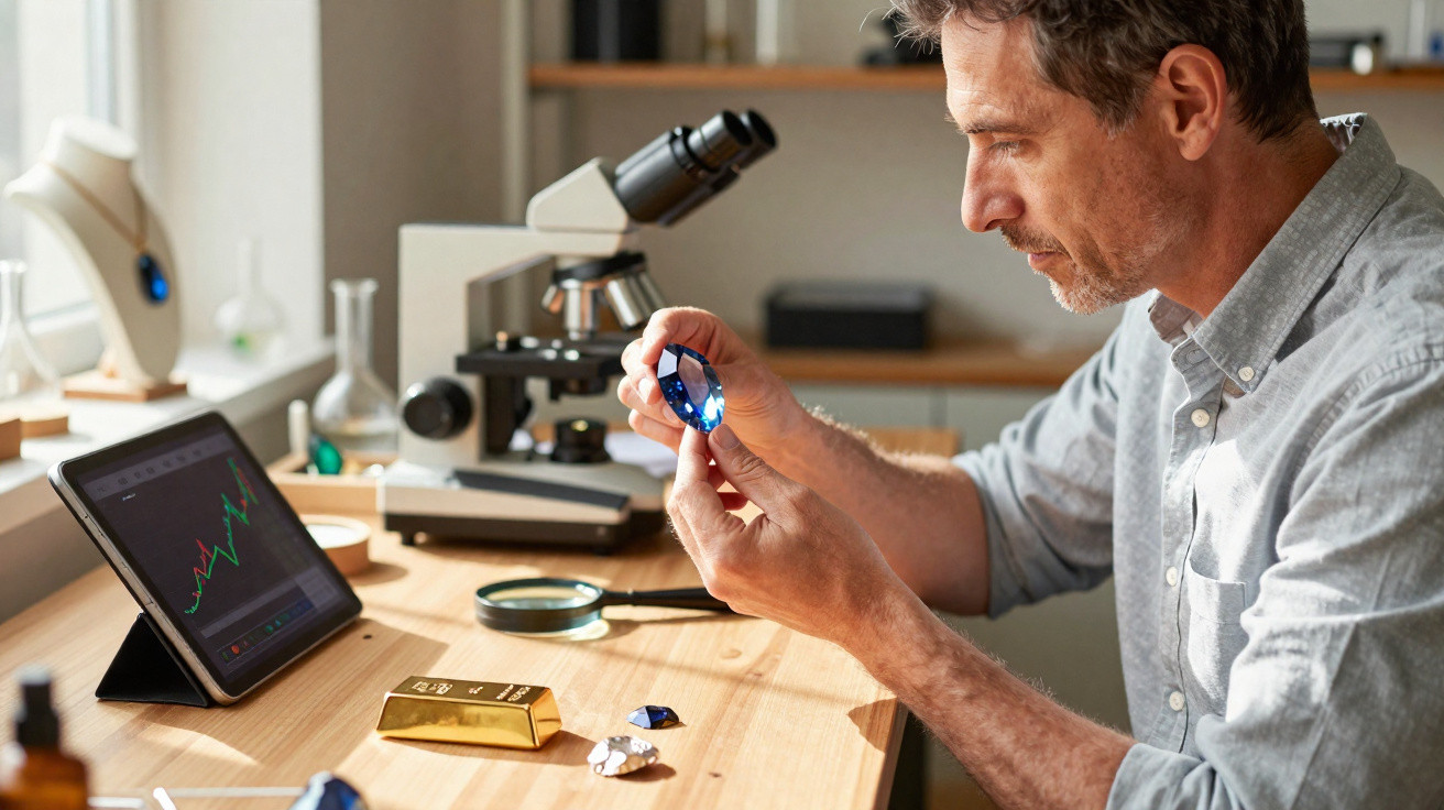 Mann untersucht großen blauen Edelstein am Tisch mit Mikroskop, Goldbarren und Tablet mit Charts.