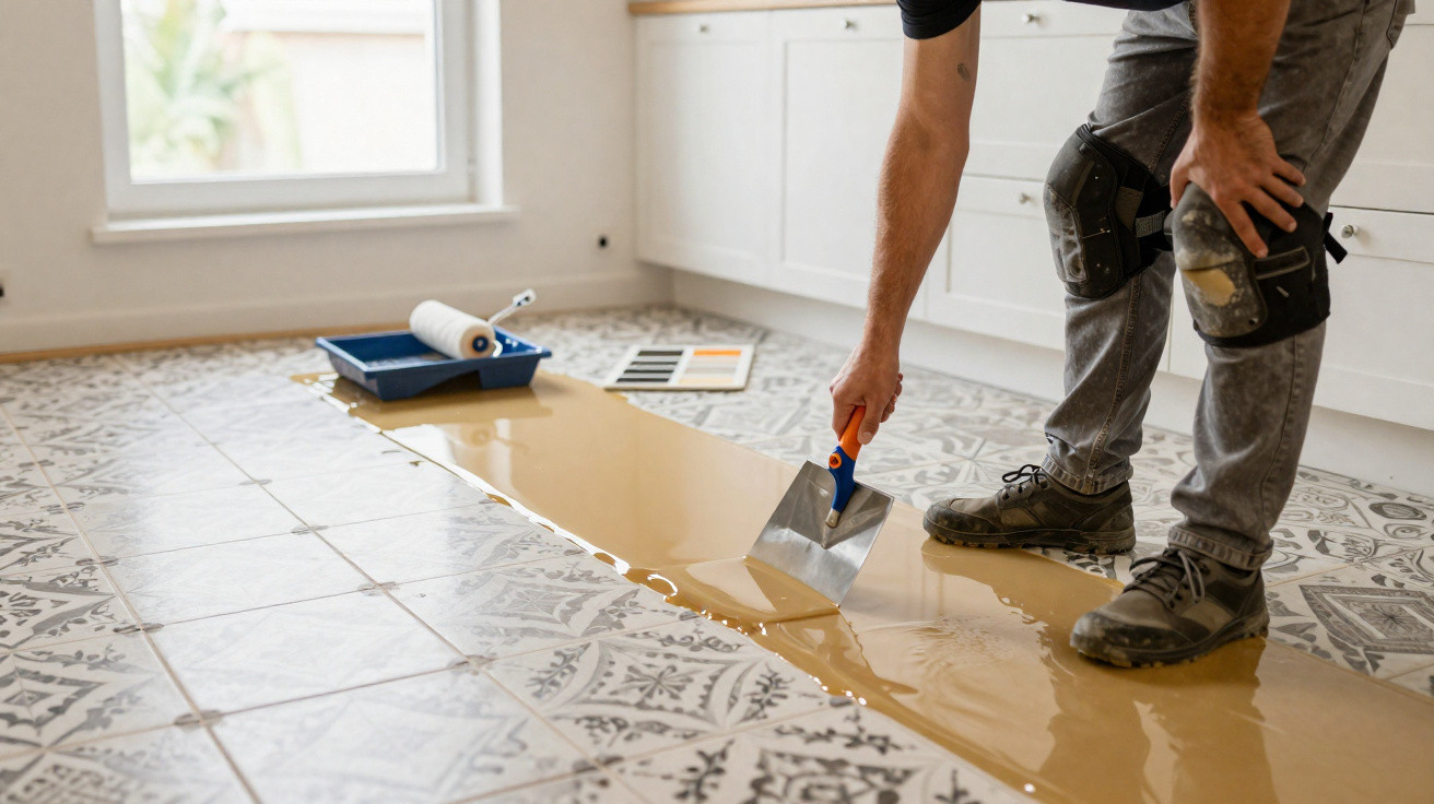 Handwerker trägt Epoxidharz mit Kelle auf gemusterten Fliesen in einem Raum auf.