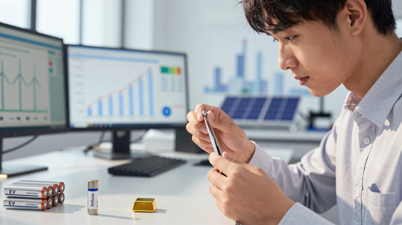 Mann analysiert eine Batterie an einem Schreibtisch mit Diagrammen auf zwei Monitoren im Hintergrund.