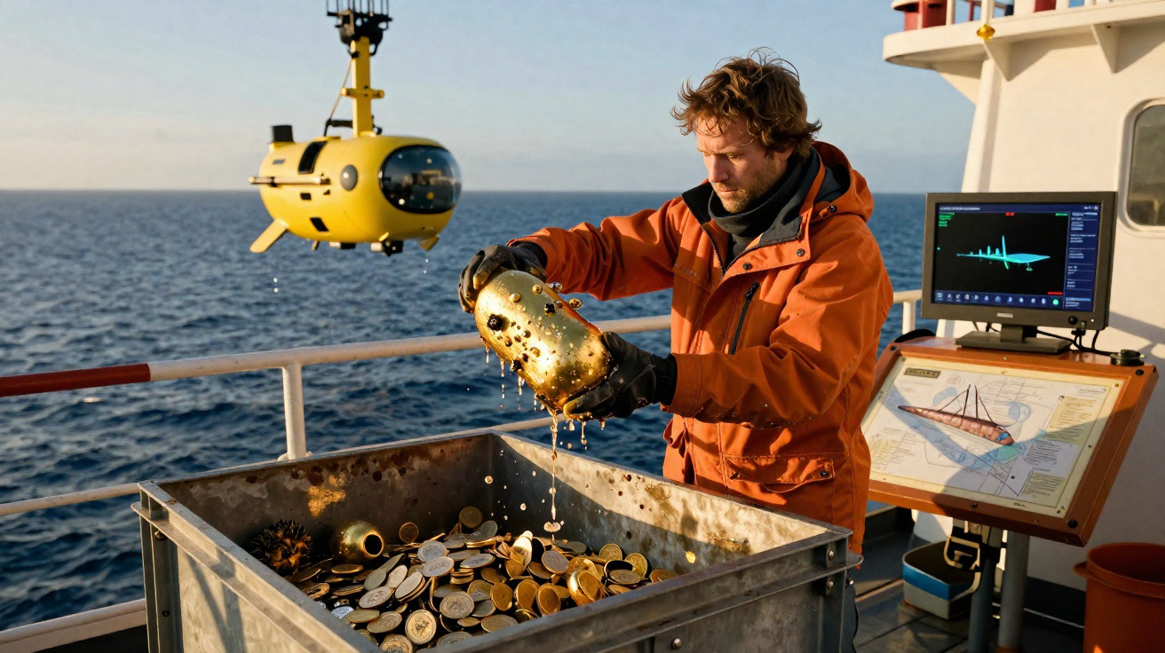 Forscher mit orangener Jacke hebt goldenen Schatz aus Container an Bord eines Schiffs, Unterwasserdrohne im Hintergrund.