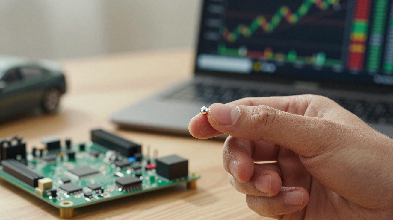 Hand hält eine kleine Kugel vor Laptop mit Finanzdiagrammen und Elektronikplatine auf Holztisch.
