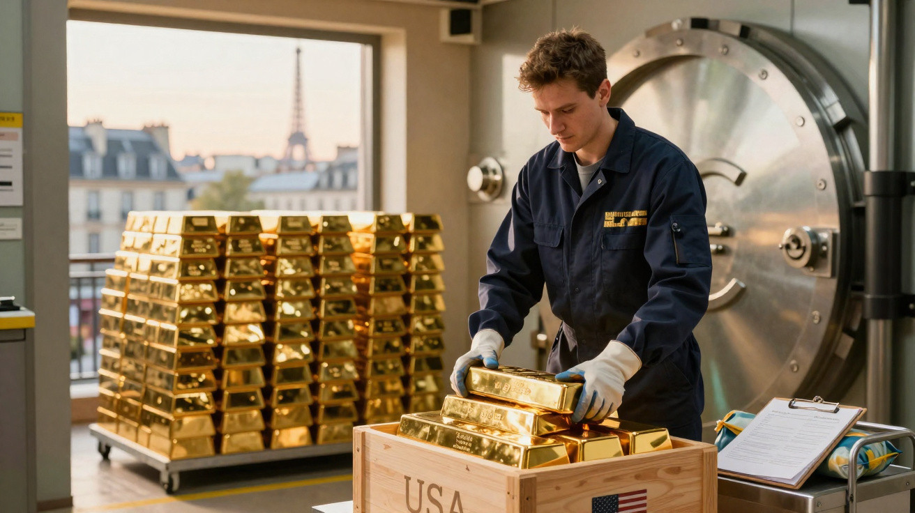 Mann in Schutzkleidung verlädt Goldbarren vor Bankschalter mit Tresor und Eiffelturm im Hintergrund.