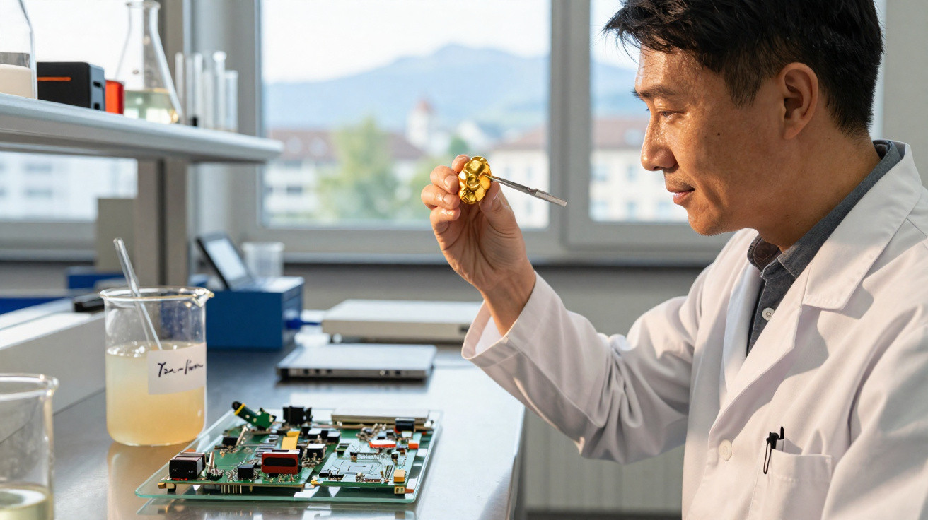 Wissenschaftler im Labor untersucht mit Pinzette goldene Komponente vor Platine auf Arbeitstisch.