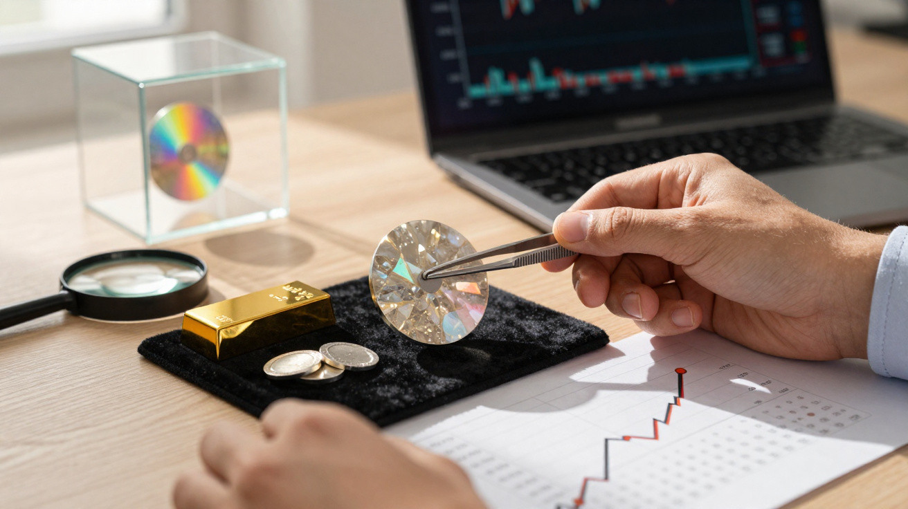 Hand hält Diamant mit Pinzette, Lupe, Goldbarren, Münzen und Laptop mit Diagramm auf Schreibtisch