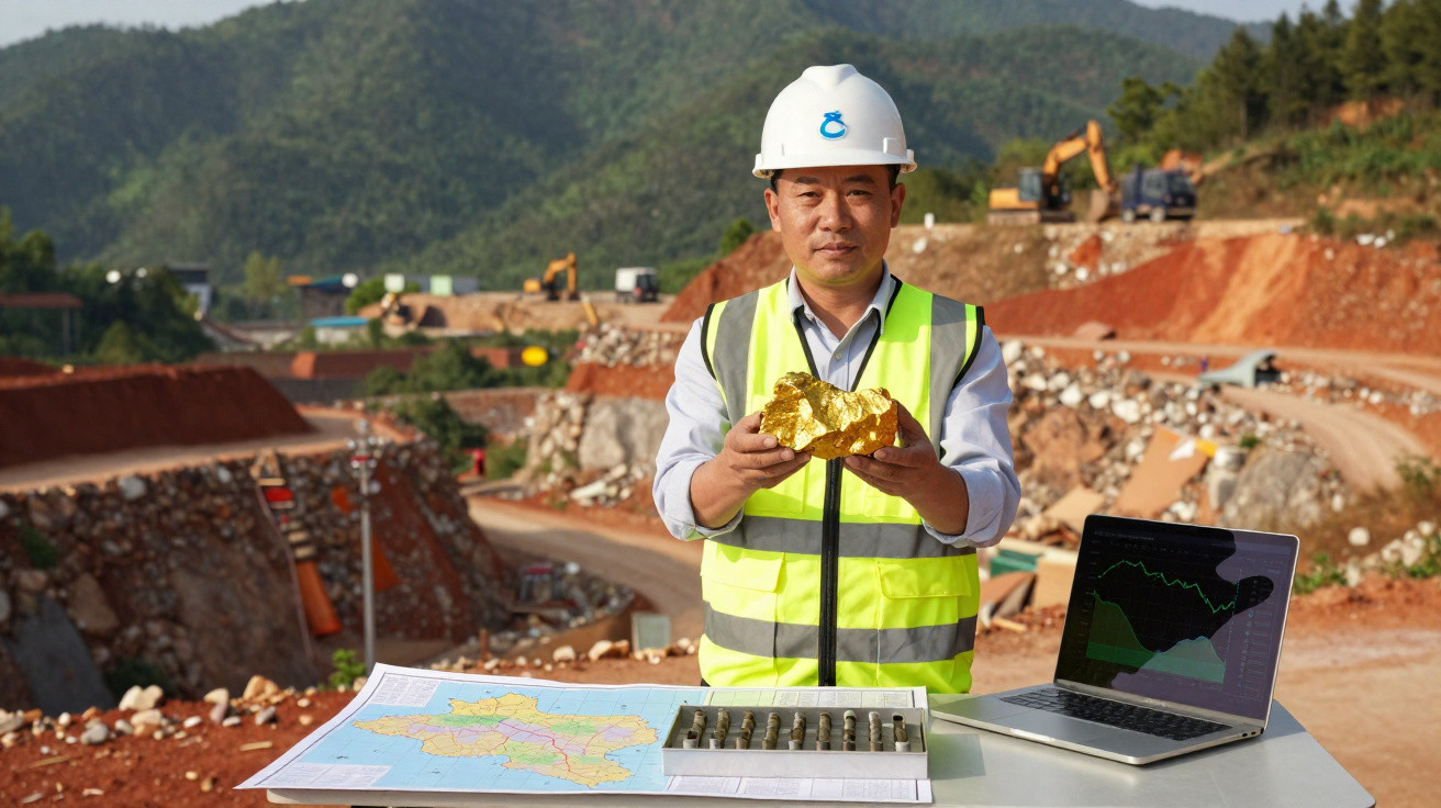 Bergbauingenieur in Schutzhelm und Weste hält Goldnugget vor Bergbaustelle mit Karten und Laptop.