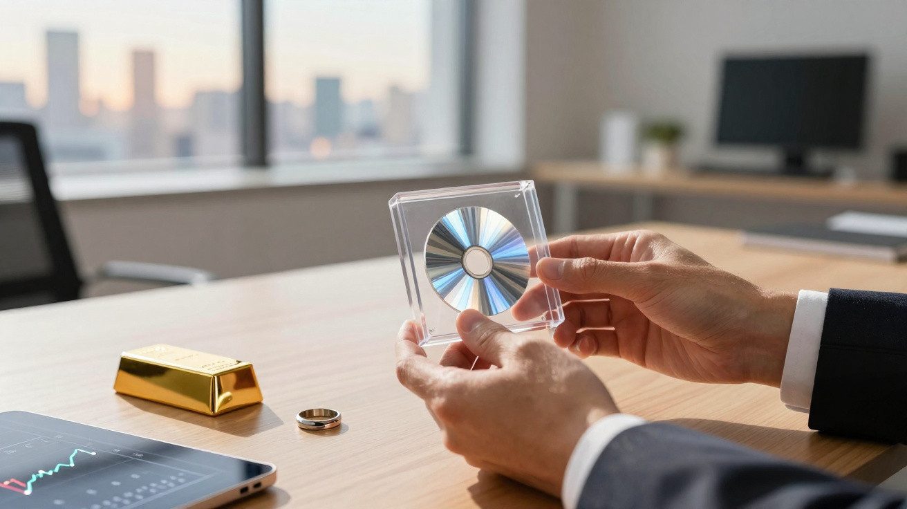 Mann hält CD-Hülle, auf Tisch liegen Goldbarren, Ring und Tablet mit Börsendiagramm im Büro.