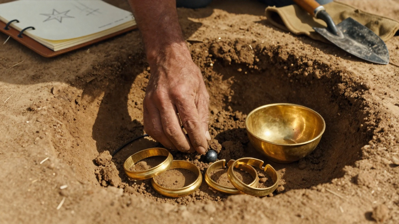 Hand gräbt im Sand nach goldenen Armreifen und Schale, Schaufel und Skizzenbuch liegen nahe.