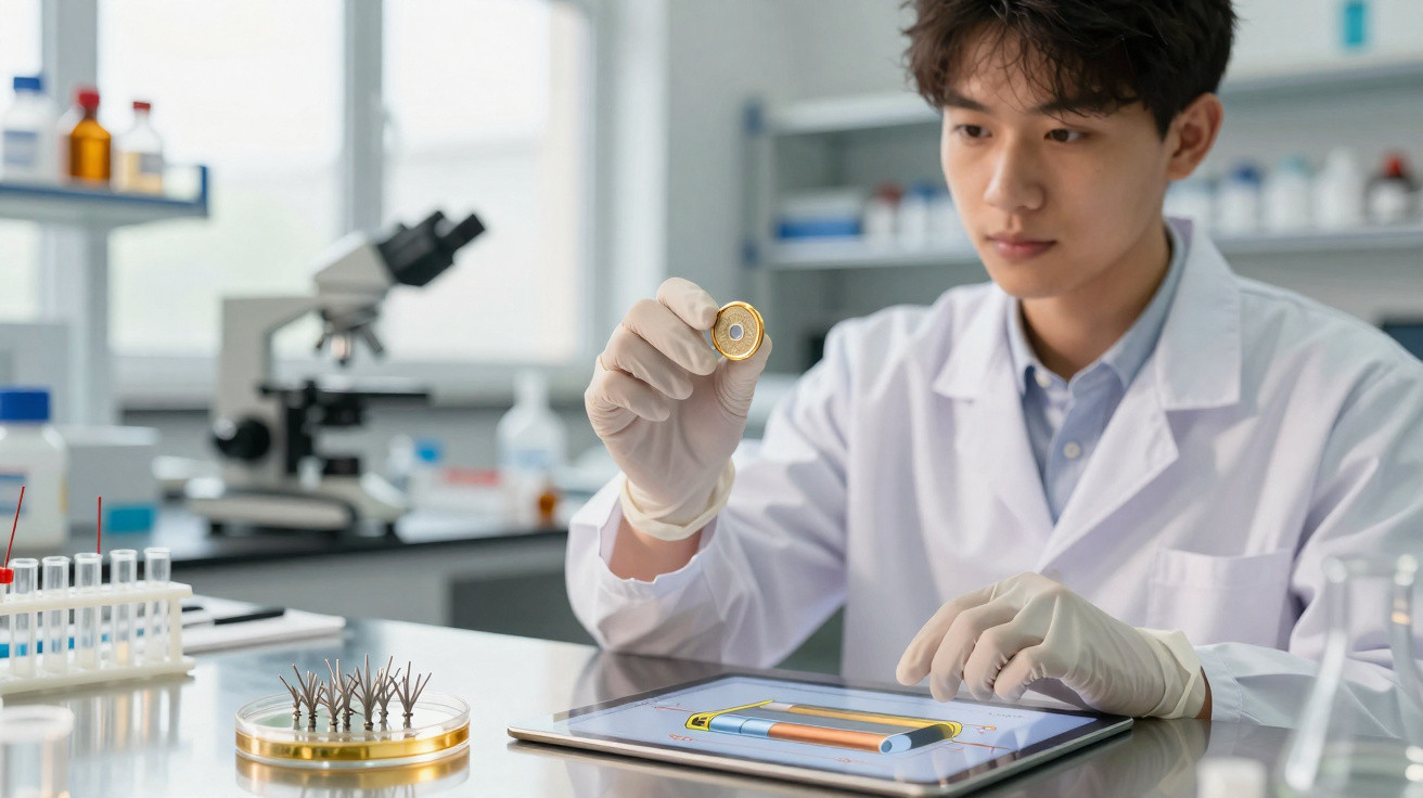 Junger Wissenschaftler im Labor untersucht eine Probe und nutzt ein Tablet mit technischen Zeichnungen.