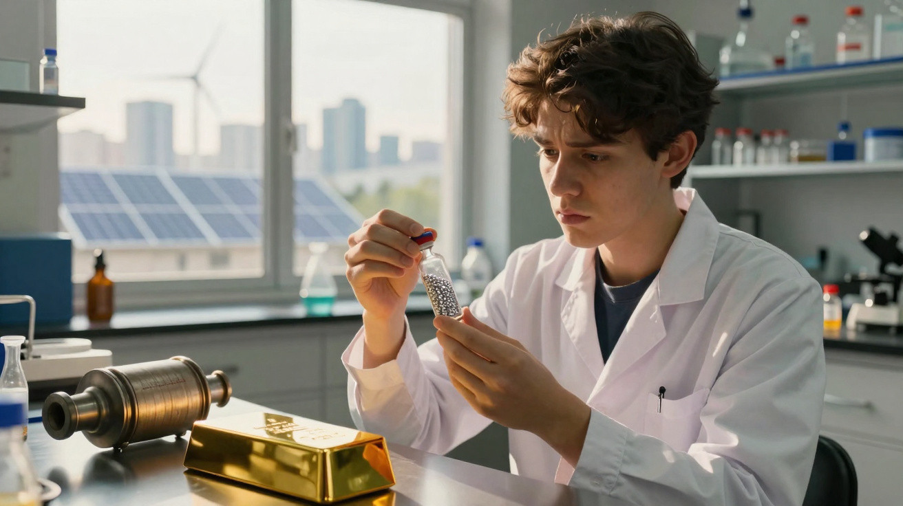 Junger Wissenschaftler im Labor untersucht eine kleine Flasche mit Metallkugeln vor solarbetriebenen Gebäuden.