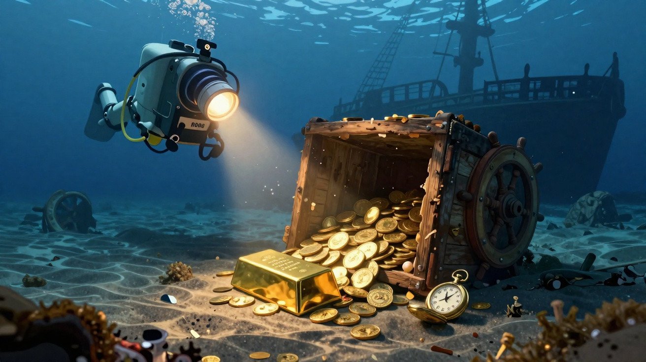 Unterwasser-Roboter beleuchtet Kiste mit Goldmünzen, Goldbarren und Taschenuhr vor gesunkenem Schiff.