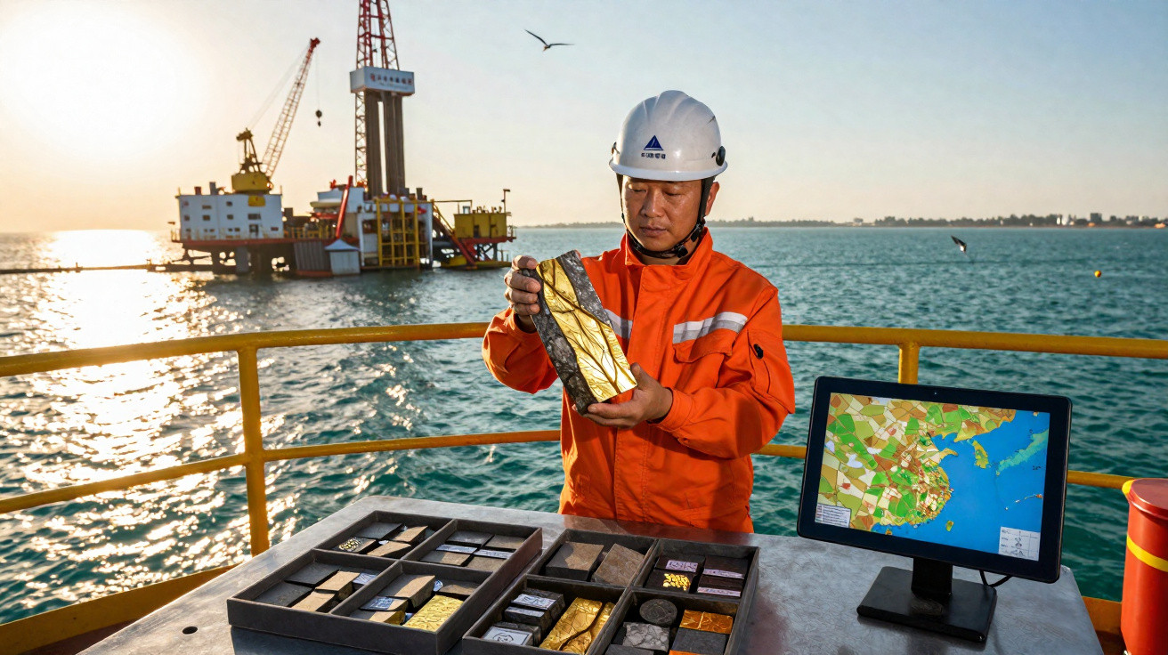 Ingenieur in Schutzkleidung hält Gesteinskernprobe auf Offshore-Bohrplattform mit Meereskulisse bei Sonnenuntergang.