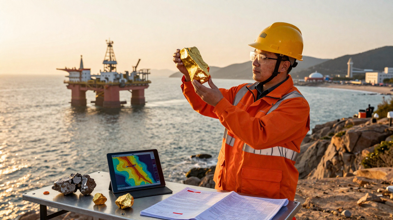 Ingenieur in Schutzkleidung untersucht goldfarbener Gesteinsprobe am Meer vor Offshore-Bohrplattform.