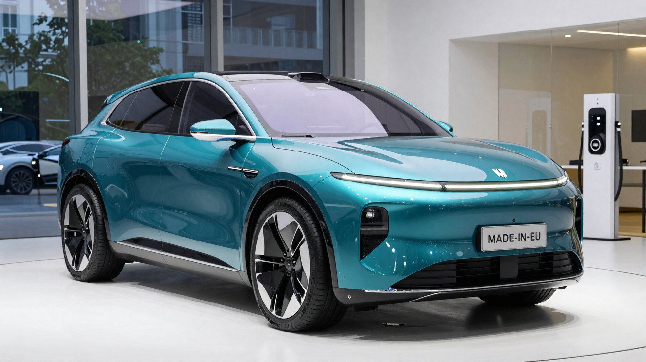 Blaugrünes Elektroauto in modernem Showroom mit Ladegerät im Hintergrund und EU-Kennzeichen.