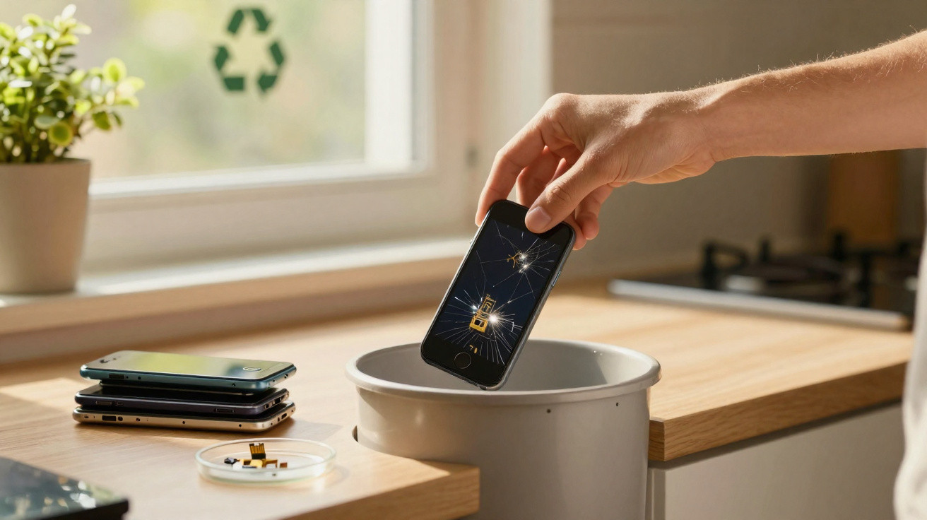 Hand wirft ein Smartphone mit zerbrochenem Display und Mikrochip in einen Mülleimer auf der Küchenarbeitsplatte.