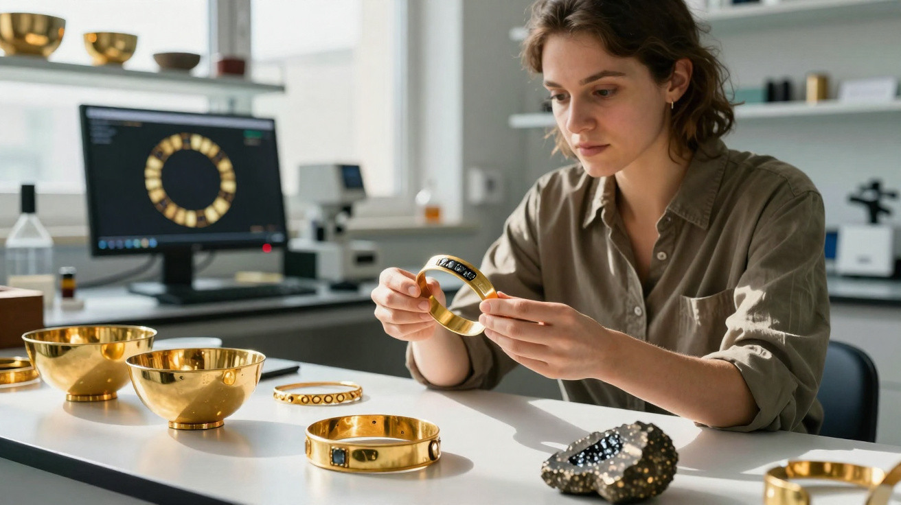 Frau untersucht goldenen Armreif im Labor mit Schmuckstücken und Computer im Hintergrund.