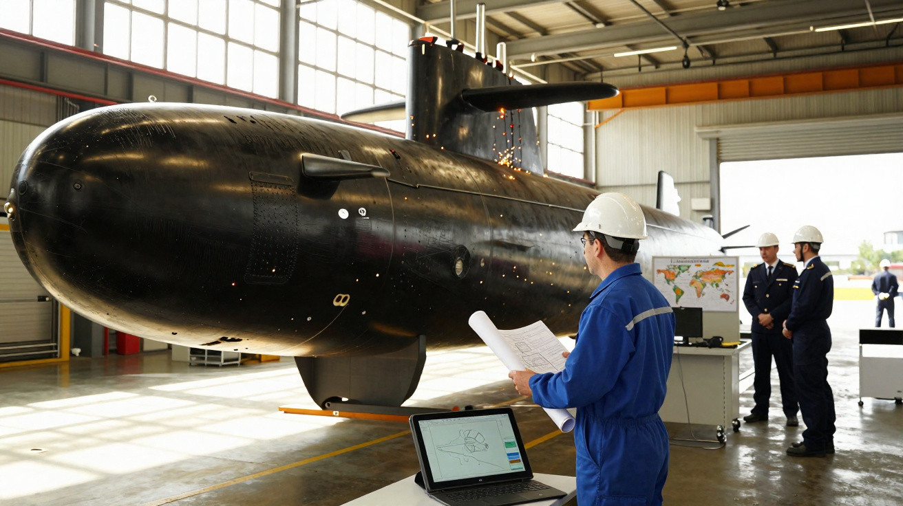 Ingenieur in Schutzhelm inspiziert schwarze U-Boot-Konstruktion in geräumiger Industriehalle mit Laptop und Kollegen im Hinte