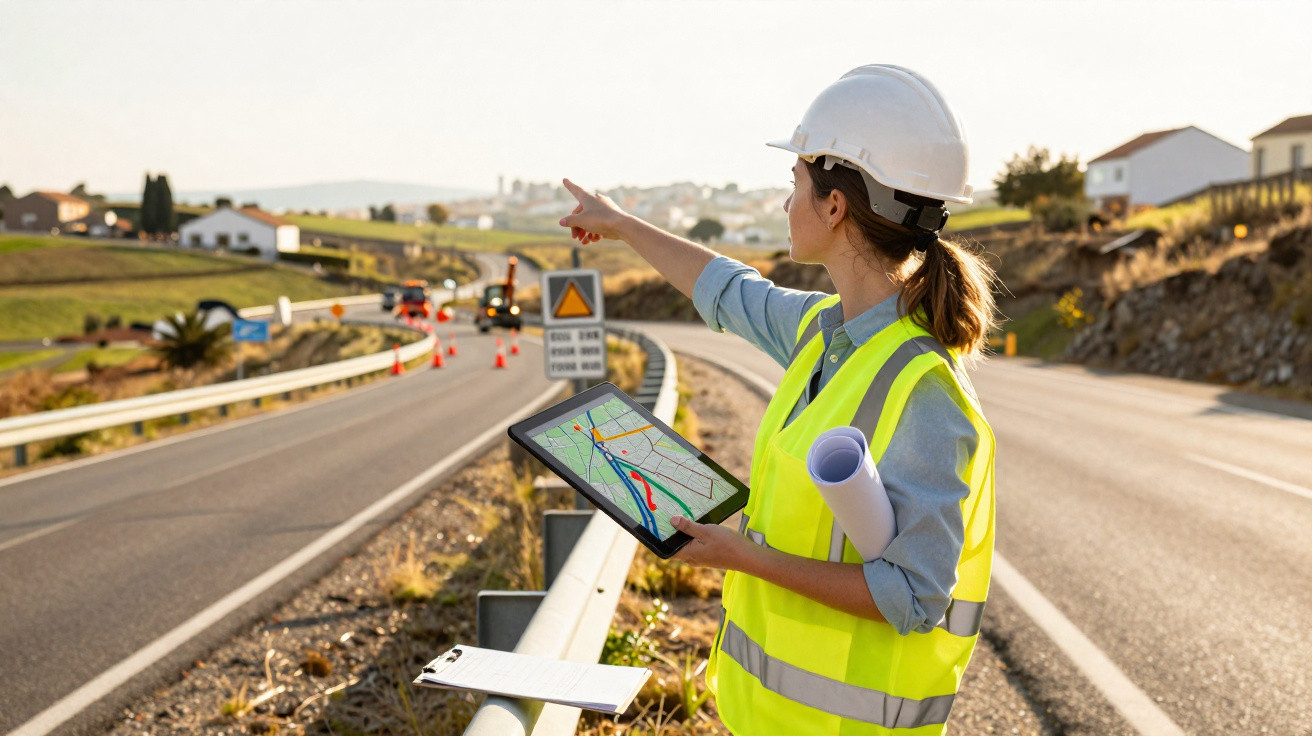 Frau mit Schutzhelm und Warnweste prüft Baustelle an Straße, hält Tablet mit Karte in der Hand.
