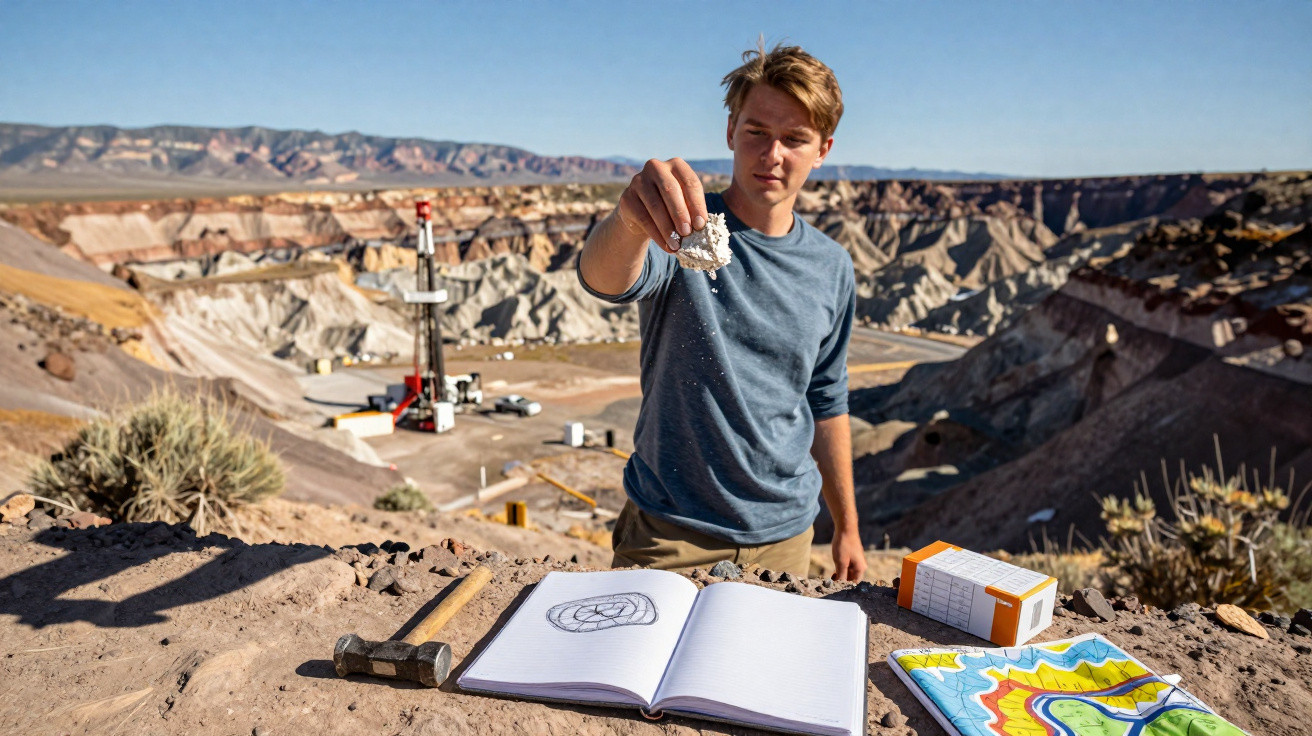 Junger Mann untersucht Gestein in einer Wüstenlandschaft mit Notizbuch und Werkzeugen auf einem Felsen.
