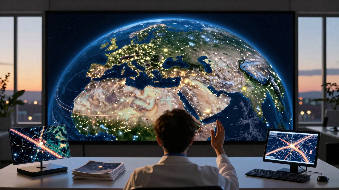 Person sitzt vor mehreren Bildschirmen mit einer digitalen Weltkarte Europas und Afrikas bei Nacht.