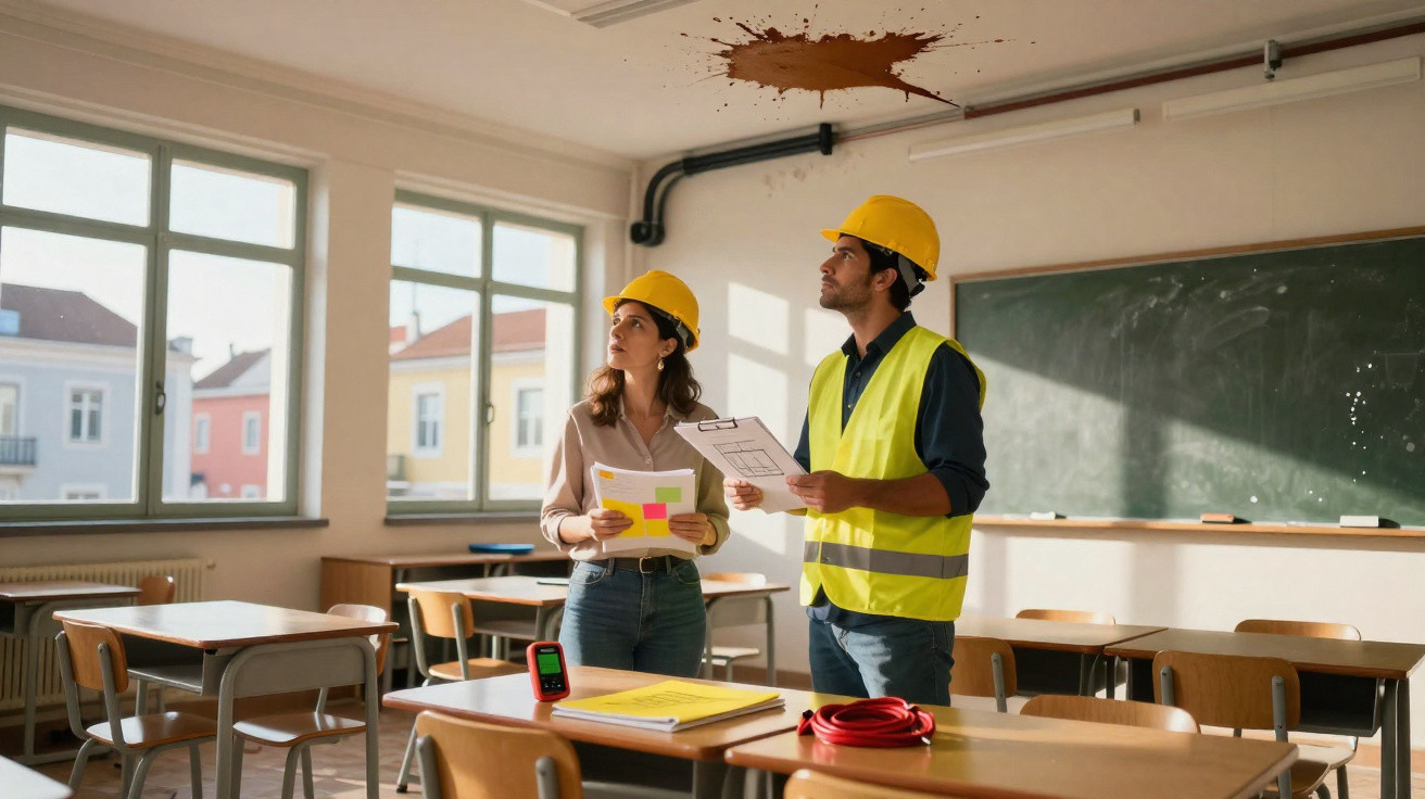Zwei Bauarbeiter mit Helm inspizieren Decke eines Klassenzimmers mit Fleck im Bereich der Decke.