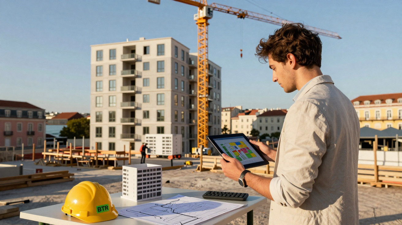 Mann auf Baustelle analysiert digitale Baupläne auf Tablet, daneben Helm, Architektenmodell und Zeichnungen auf Tisch.