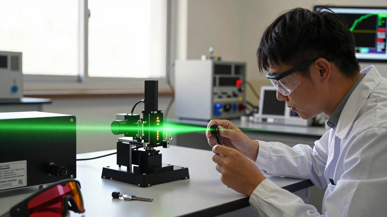 Forscher im Labor bedient Gerät mit grünem Laserstrahl, trägt Schutzbrille und weißen Laborkittel.
