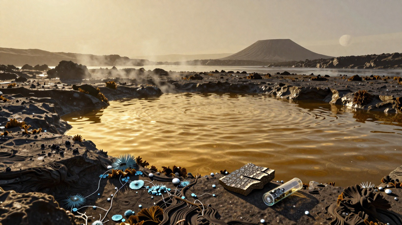 Futuristische Landschaft mit dampfendem, goldenem Wasserbecken und fremdartigen Pflanzen vor einem Vulkan bei Sonnenuntergang