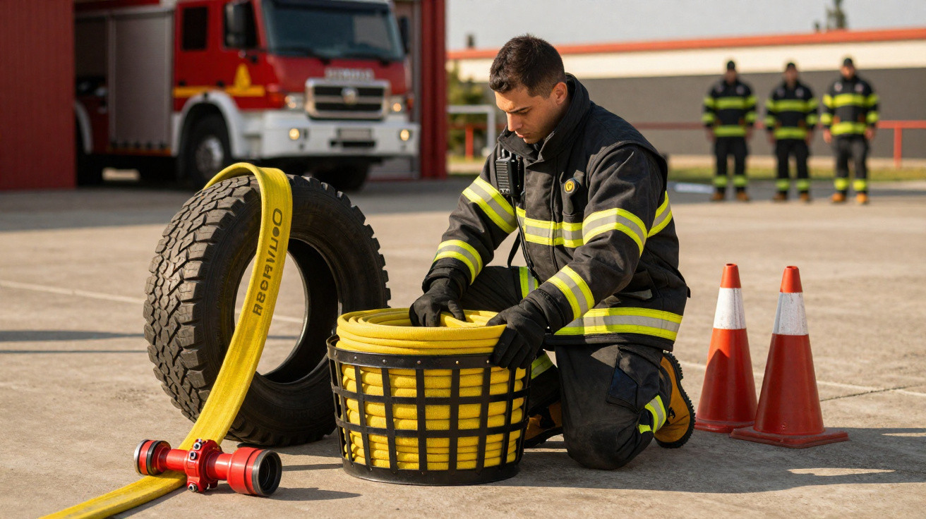 Feuerwehrmann rollt Schlauch zusammen, Feuerwehrfahrzeug und Kollegen im Hintergrund, drei Verkehrskegel daneben.