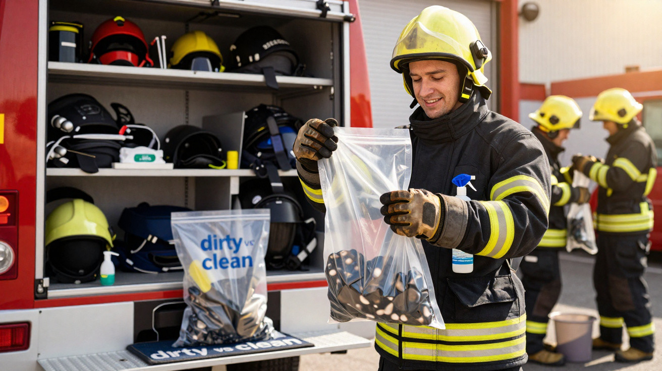 Feuerwehrmann sortiert Schutzausrüstung vor einem Feuerwehrauto, andere Feuerwehrleute im Hintergrund.