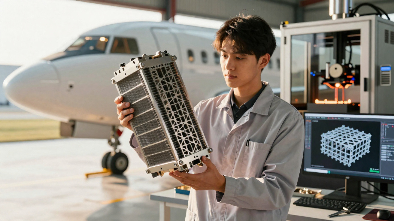 Ingenieur in Werkstatt hält komplexes Metallmodell, Flugzeug im Hintergrund, 3D-Drucker und Computermonitor mit 3D-Modell sic