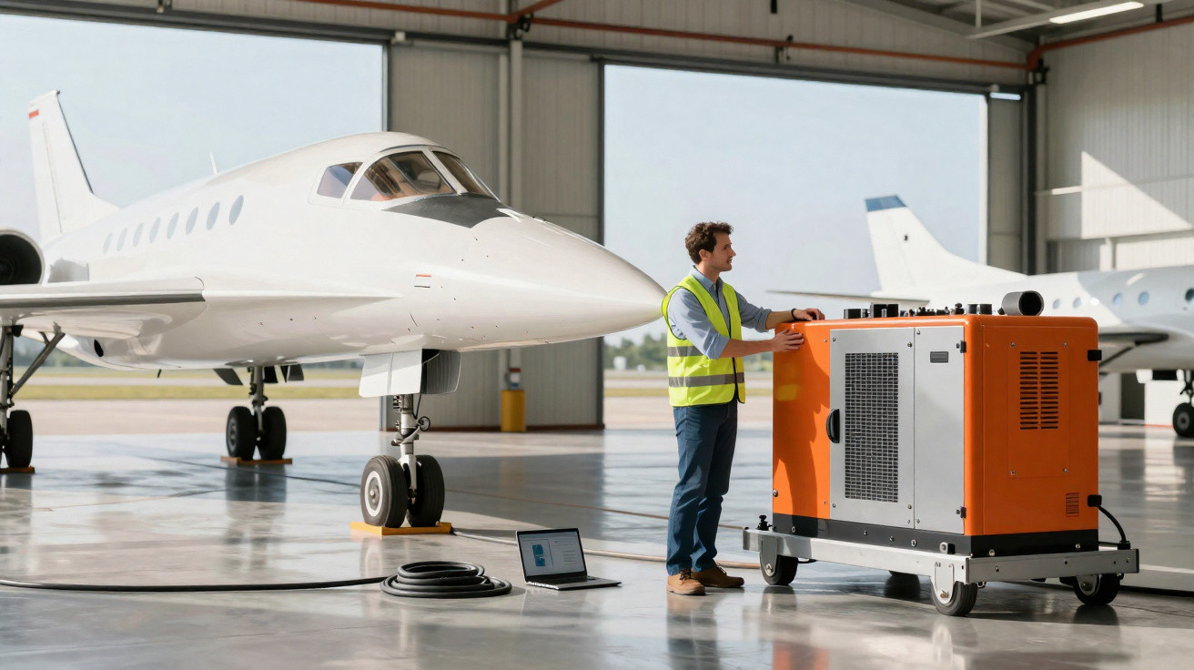 Techniker mit Warnweste bedient mobiles Stromaggregat neben Privatjet in Hangar.