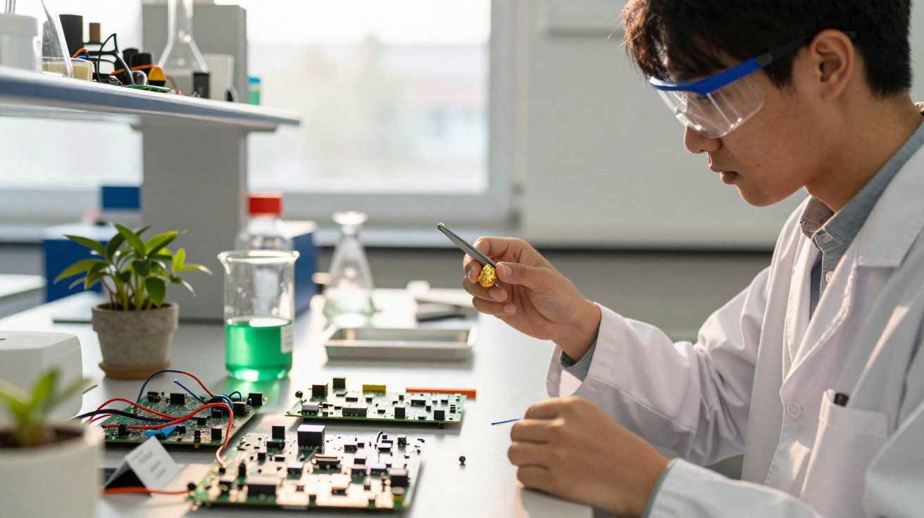 Forscher im weißen Kittel und Schutzbrille untersucht elektronische Bauteile im Labor am Tisch.