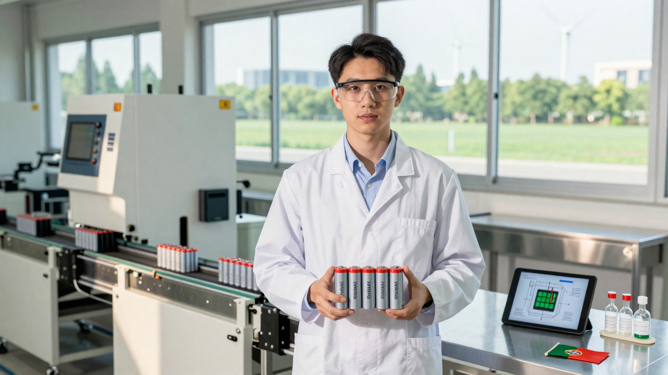 Junger Wissenschaftler im Labor hält Batteriepacks, Produktionslinie und Windräder im Hintergrund sichtbar.