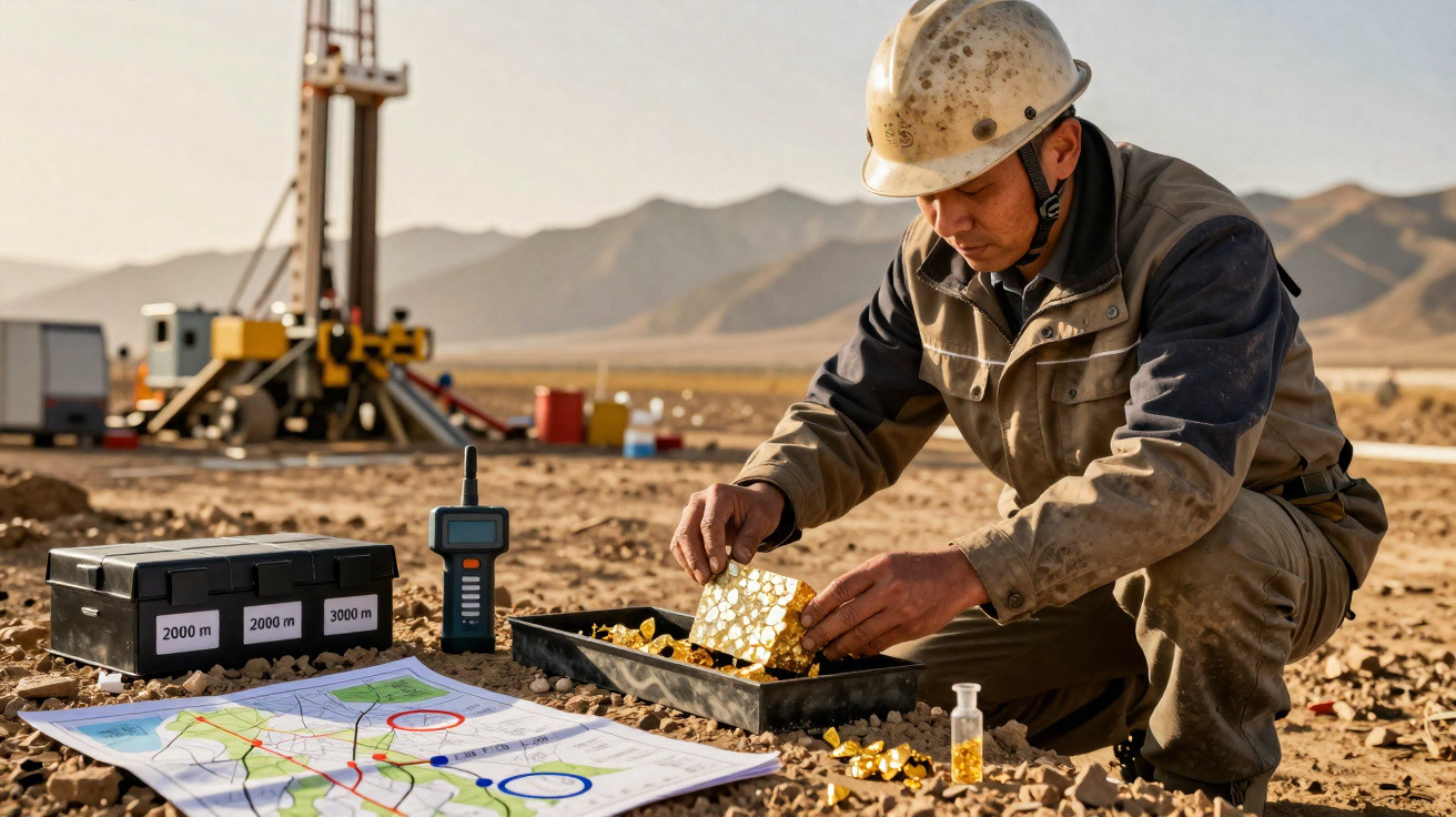 Geologe mit Helm untersucht goldhaltige Gesteinsproben auf Boden im Freien, Berglandschaft im Hintergrund.