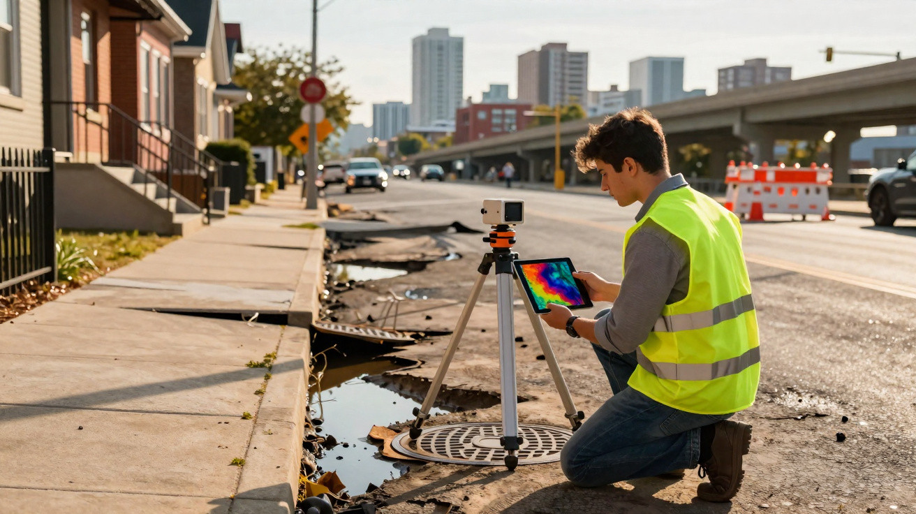 Mann in Warnweste analysiert Straßenschäden mit Wärmebildkamera und Tablet an einer Baustelle.