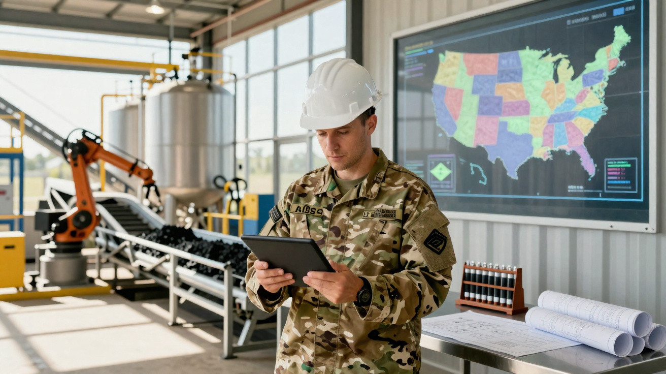 Soldat in Tarnuniform und Helm bedient Tablet in moderner Industrieanlage mit Förderband und USA-Karte.
