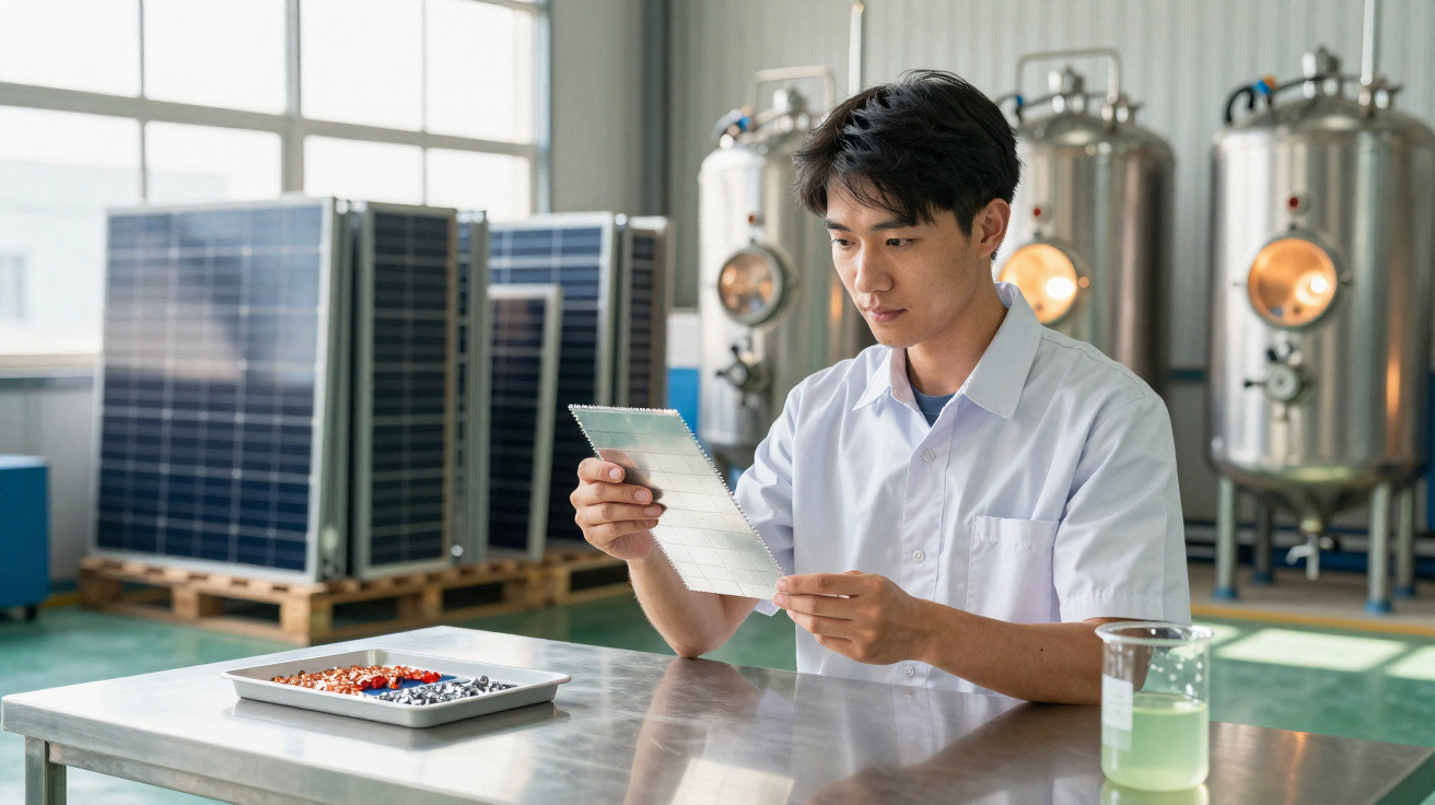 Mann in Laborkittel untersucht transparentes Solarpanel in Labor mit Solarzellen und Metalltanks.