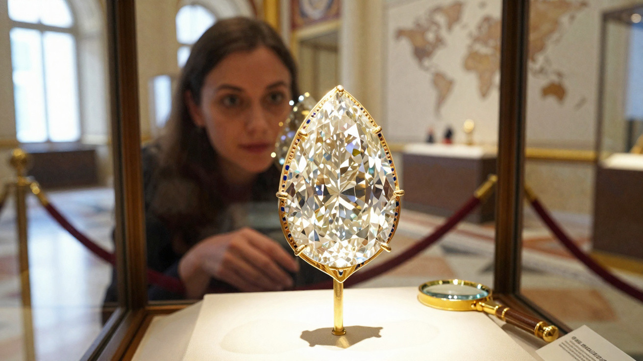 Großer tropfenförmiger Diamant in Vitrine mit Frau, die ihn im Museum betrachtet.