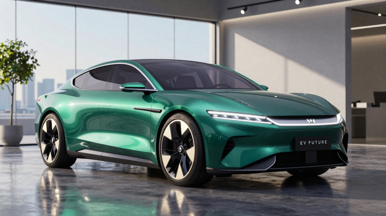 Grünes Elektroauto mit futuristischem Design in hellem Showroom vor großen Fenstern und Pflanzen.