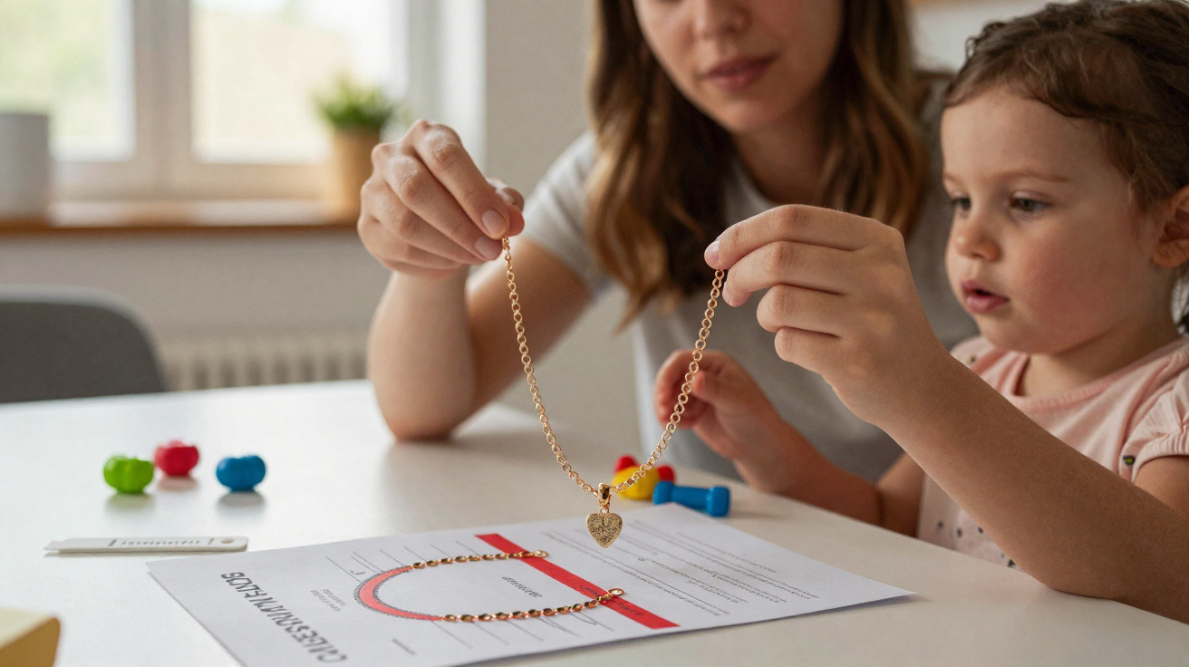 Frau und Mädchen betrachten ein goldenes Herzanhänger-Halsband über einem Scheidungsantrag auf einem Tisch.