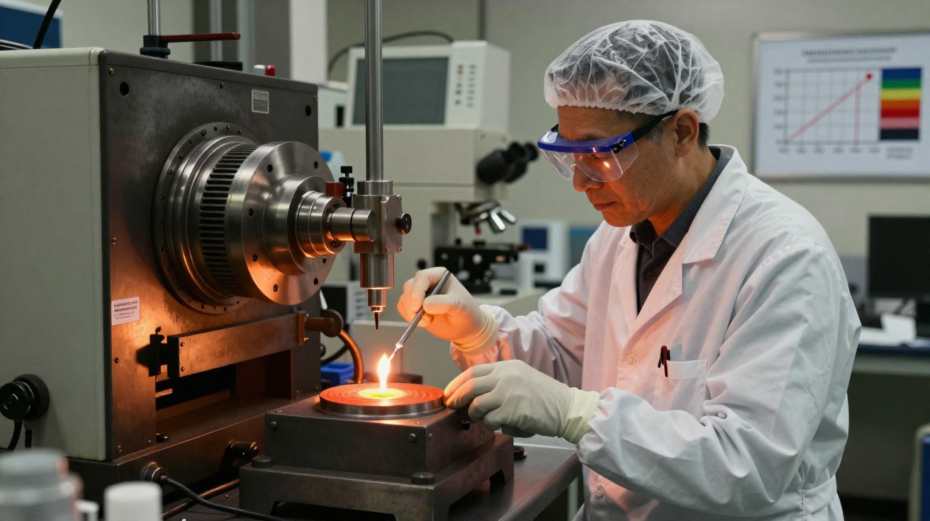 Wissenschaftler mit Schutzbrille und Haarnetz bedient hochpräzises Laborgerät in Forschungslabor.