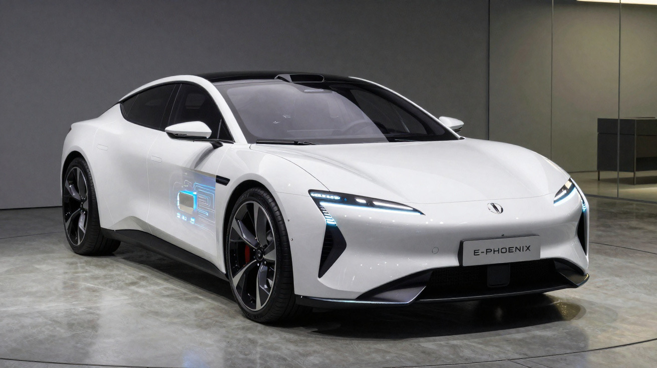 Weißes Elektroauto E-Phoenix mit schlankem, futuristischem Design in einer modernen Ausstellungshalle.