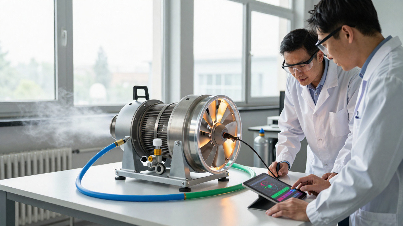 Zwei Wissenschaftler in weißen Kitteln testen eine technische Turbinenmaschine im Labor.