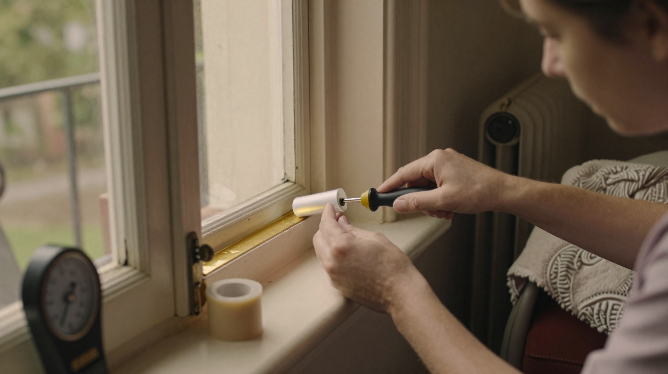 Person reinigt Fensterrahmen mit einer kleinen Kleiderrolle und Werkzeug im Innenraum.