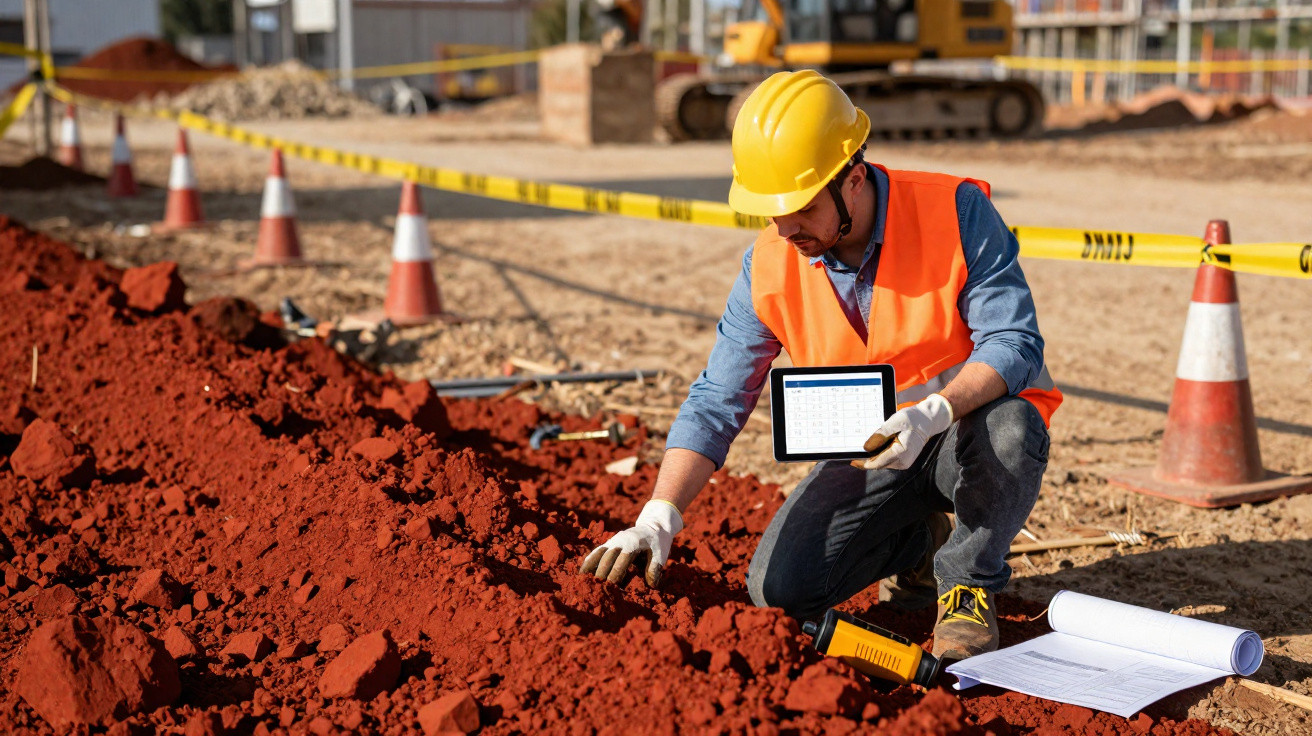 Bauarbeiter mit Schutzhelm und Weste untersucht Boden auf Baustelle, hält Tablet und Pläne neben sich.