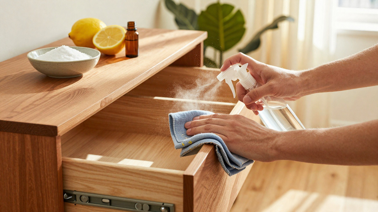 Hände sprühen Reinigungsmittel auf ein Tuch und reinigen eine geöffnete Holzschublade mit Zitronen, Natron und Fläschchen.