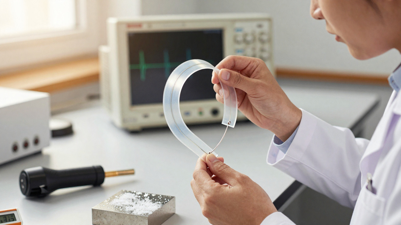 Wissenschaftlerin hält flexibles transparentes Material in Laborumgebung mit Messgerät im Hintergrund.