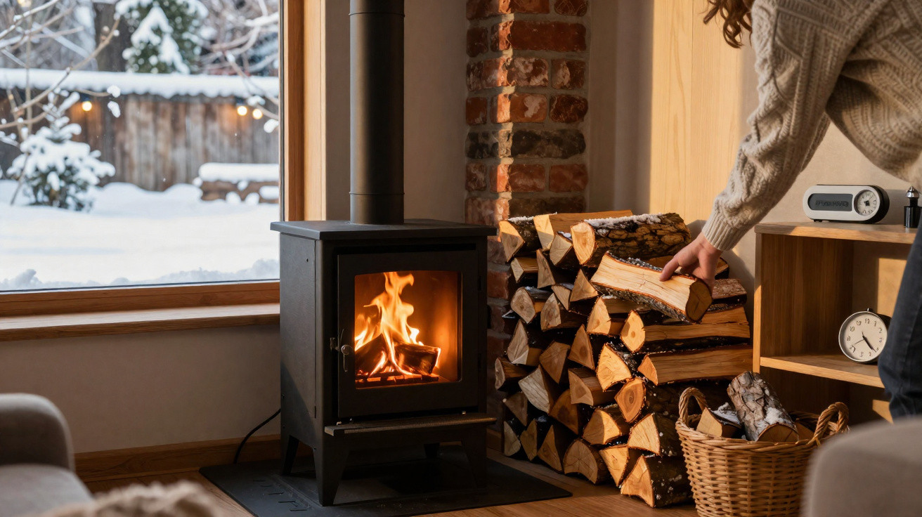 Brennender Kamin neben Holzstapel und Person, die Kaminholz in gemütlichem Wohnzimmer mit Schneelandschaft greift.